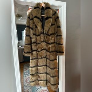 Fabulous Furs Full Length Golden Fox Shawl Collar Chevron Faux Fur Coat Size L